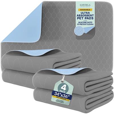 Katziela Quick-Drying Washable Pee Pads for Dogs (4 Pack 34x36 Rectangular) Waterproof Reusable Puppy Pads with Non-Slip Bottom for Pet Potty Training, Housebreaking, Daycare – Machine Washable Dog Pee Pad Rug