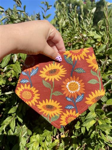 Sunny Harvest – Fall Floral Dog Bandana | Rust with Sunflowers | Organic Cotton | Handmade in LA