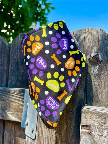 Bark or Treat – Halloween Dog Bandana | Black with Paw Prints & Bones | Organic Cotton | Handmade in LA