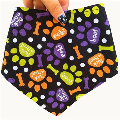 Bark or Treat – Halloween Dog Bandana | Black with Paw Prints & Bones | Organic Cotton | Handmade in LA