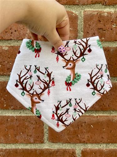 Reindeer Wishes – Holiday Dog Bandana | White with Antlers, Ornaments & Wreaths | Organic Cotton | Handmade in LA