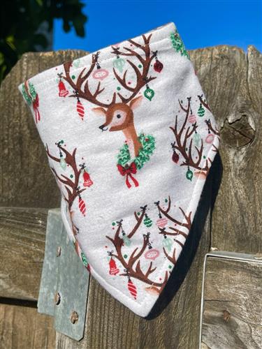 Reindeer Wishes – Holiday Dog Bandana | White with Antlers, Ornaments & Wreaths | Organic Cotton | Handmade in LA