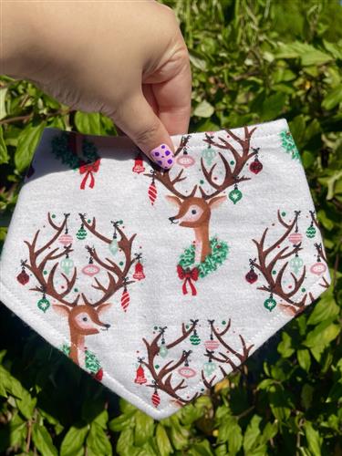 Reindeer Wishes – Holiday Dog Bandana | White with Antlers, Ornaments & Wreaths | Organic Cotton | Handmade in LA