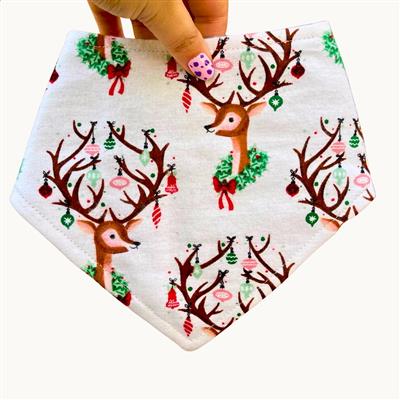 Reindeer Wishes – Holiday Dog Bandana | White with Antlers, Ornaments & Wreaths | Organic Cotton | Handmade in LA