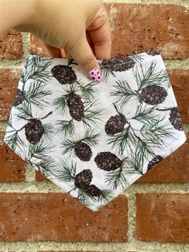 Frosted Pines – Winter Dog Bandana | White with Pinecones & Glitter Accents | Organic Cotton | Handmade in LA