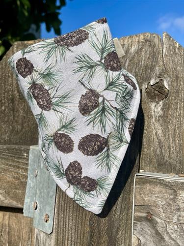 Frosted Pines – Winter Dog Bandana | White with Pinecones & Glitter Accents | Organic Cotton | Handmade in LA
