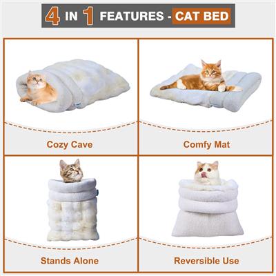 GOOPAWS 4-in-1 Cat Sack Bed Cave - Self Warming Pet Sleeping Bag for Cats & Small Dogs, Cream