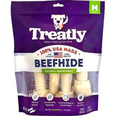 Treatly 100% USA Beefhide Bones & Rolls Natural Medium-4 Pk