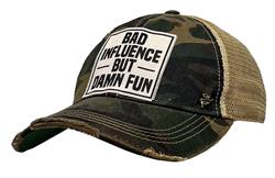 Bad Influence But Damn Fun Distressed Trucker Hat
