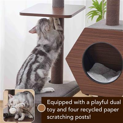 PetPals® Wagon 2.0 5-Level 37” Mid-Century Modern Cat Tree with Hexagon Condo, Recycled Scratchers, Washable Bed & Toys, Easy Assembly