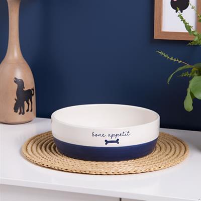 Navy Bone Appetit Dog Bowl - Small/Medium
