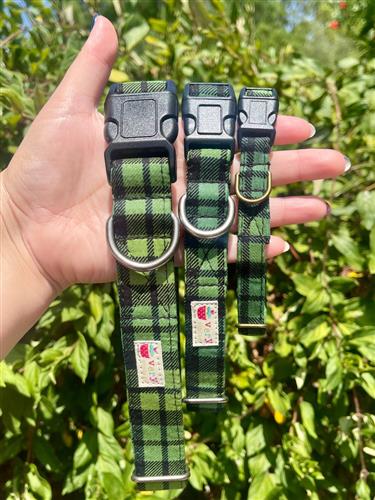 Plaid Pines – Green Buffalo Plaid Dog Collar | Handmade Organic Cotton Collar | Adjustable Dog Collar | Handmade Organic Cotton Collars & Leashes