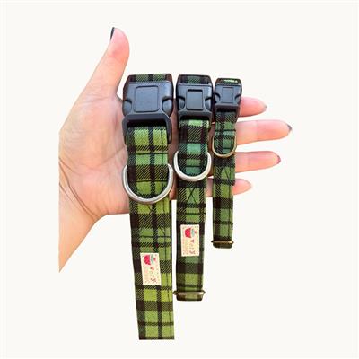 Plaid Pines – Green Buffalo Plaid Dog Collar | Handmade Organic Cotton Collar | Adjustable Dog Collar | Handmade Organic Cotton Collars & Leashes