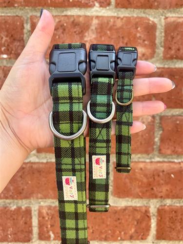 Plaid Pines – Green Buffalo Plaid Dog Collar | Handmade Organic Cotton Collar | Adjustable Dog Collar | Handmade Organic Cotton Collars & Leashes
