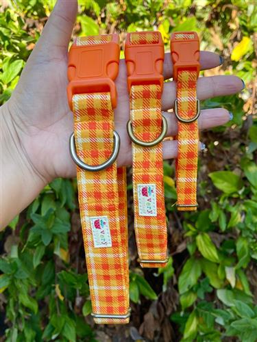 Honeycrisp – Orange & Yellow Plaid Dog Collar | Handmade Organic Cotton Collar | Adjustable Dog Collar | Handmade Organic Cotton Collars & Leashes