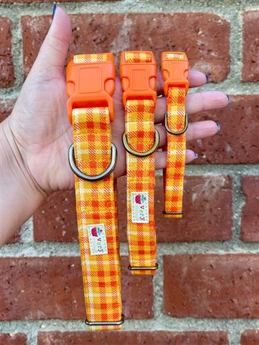 Honeycrisp – Orange & Yellow Plaid Dog Collar | Handmade Organic Cotton Collar | Adjustable Dog Collar | Handmade Organic Cotton Collars & Leashes