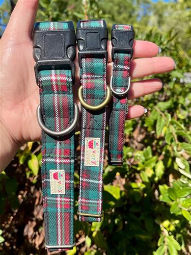 Highland Holiday – Red & Green Tartan Dog Collar | Handmade Organic Cotton Collar | Adjustable Dog Collar | Handmade Organic Cotton Collars & Leashes