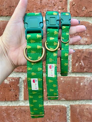 Pine Trees – Green & Gold Holiday Dog Collar | Handmade Organic Cotton Collar | Adjustable Dog Collar | Handmade Organic Cotton Collars & Leashes