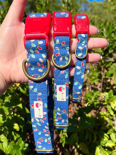 Christmas Lights – Blue Holiday Dog Collar | Handmade Organic Cotton Collar | Adjustable Dog Collar | Handmade Organic Cotton Collars & Leashes