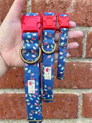 Christmas Lights – Blue Holiday Dog Collar | Handmade Organic Cotton Collar | Adjustable Dog Collar | Handmade Organic Cotton Collars & Leashes