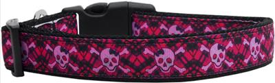 Dog & Cat Nylon Collar or Leash, "Hot Pink Plaid Skulls"
