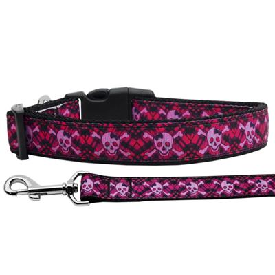 Dog & Cat Nylon Collar or Leash, "Hot Pink Plaid Skulls"