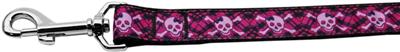 Dog & Cat Nylon Collar or Leash, "Hot Pink Plaid Skulls"