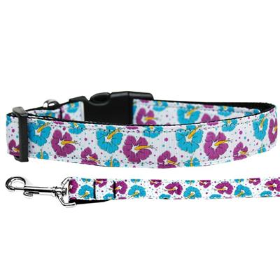 Dog & Cat Nylon Collar or Leash, "Blue & Purple Hibiscus Flowers"