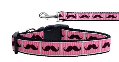 Dog & Cat Nylon Collar or Leash, "Pink Striped Moustache"