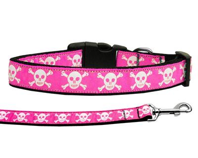 Dog & Cat Nylon Collar or Leash, "Pink Skulls"