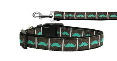 Dog & Cat Nylon Collar or Leash, "Aqua Moustaches"