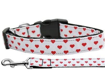 Dog & Cat Nylon Collar or Leash, "White and Red Dotty Hearts"