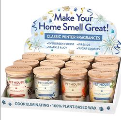 Pet House Winter 2025 Candle Display: Evergreen Forest, Sparkle & Joy, Fireside, Sugar Cookies
