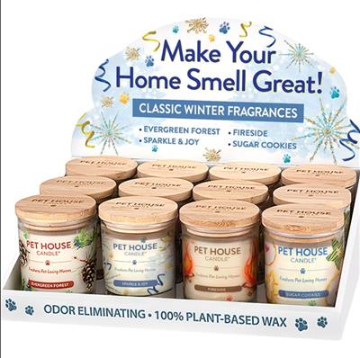 Pet House Winter 2025 Candle Display: Evergreen Forest, Sparkle & Joy, Fireside, Sugar Cookies