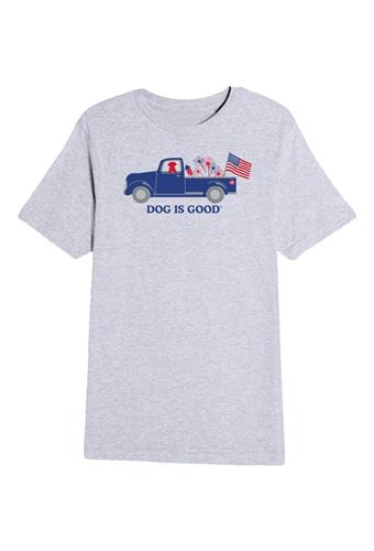 T-shirt: Dog is Good Patriotic Truck (Unisex, Grey)