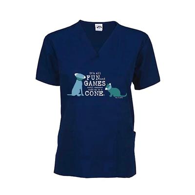 Scrub Top: It's All Fun and Games Until Someone Ends Up in a Cone®, Cat/Dog (Navy)