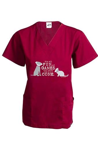 Scrub Top: It's All Fun and Games Until Someone Ends Up in a Cone®, Cat/Dog (Wine)
