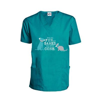 Scrub Top: It's All Fun and Games Until Someone Ends Up in a Cone®, Cat/Dog (Teal)