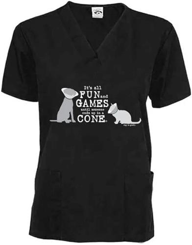 Scrub Top: It's All Fun and Games Until Someone Ends Up in a Cone®, Cat/Dog (Black)