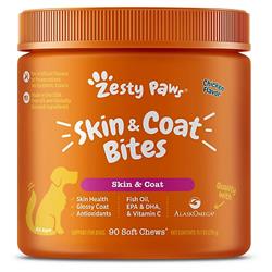Zesty Paws Skin & Coat Bites Chicken Flavored Soft Chews Omega 3 Fish Oil Supplement for Dogs, 90 count