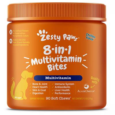 Zesty Paws 8-in-1 Multivitamin Bites Dogs Support - Chicken Flavor (90 Soft Chews)