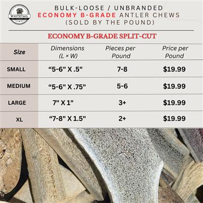 BULK | ECONOMY B/C Grade - Split-Cut Elk Antler Dog Chews Sold by the Pound -
