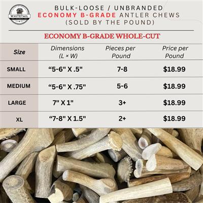 BULK | ECONOMY B/C Grade - WHOLE-Cut Antler Dog Chews Sold by the Pound - - COPY
