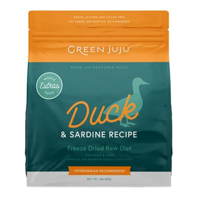 Green Juju Dog Freeze-Dried Grain Free Extras Duck + Sardine Food 14oz.