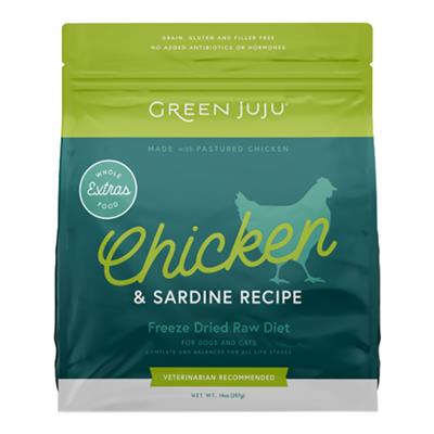 Green Juju Dog Freeze-Dried Grain Free Extras Chicken + Sardine Food 14oz.