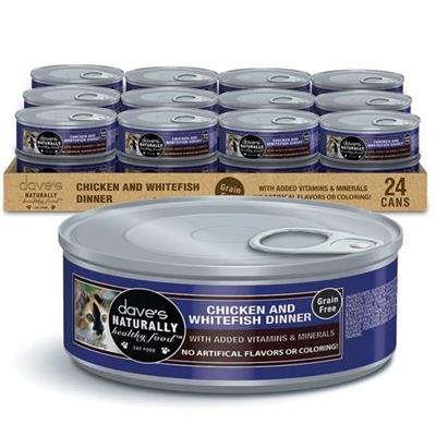 Daves Naturally Healthy Cat Food; Chicken and White Fish Dinner 5.5oz. (Case of 24)