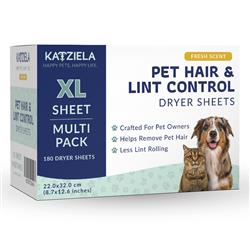 Katziela Pet Hair Dryer Sheets–180 Count–Fresh Scent–Removes Dog & Cat Hair,Reduces Static, Softens Laundry