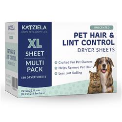 Katziela Dryer Sheets for Pet Hair–180 Count–Unscented–Made for Dog & Cat Hair–Pet Hair Repelling, Static Control, Fabric Softening
