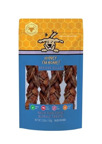 HONEY I'M HOME DOG NATURAL HONEY COATED BUFFALO BRAIDED GULLET STICKS - 50 COUNT