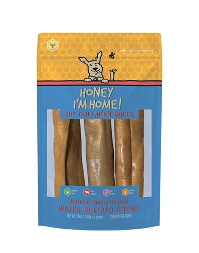 HONEY I'M HOME DOG NATURAL HONEY COATED BUFFALO COLLAGEN ROLLS 10 INCHES 3 PACK